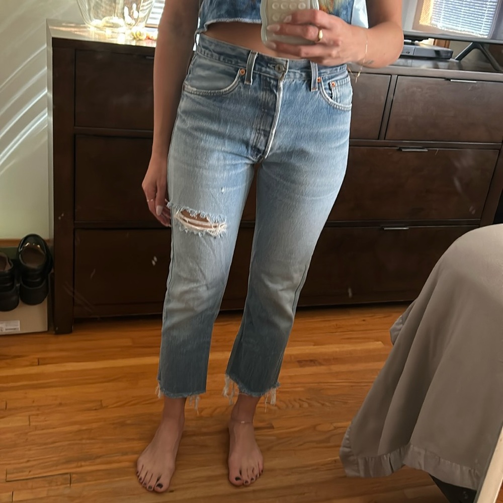 redone cropped blue distressed jeans